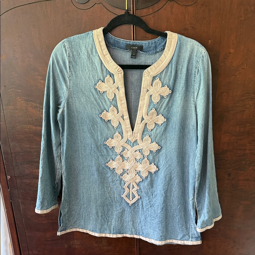 J. Crew Blue Denim-Look Tunic with Cream Embroidery